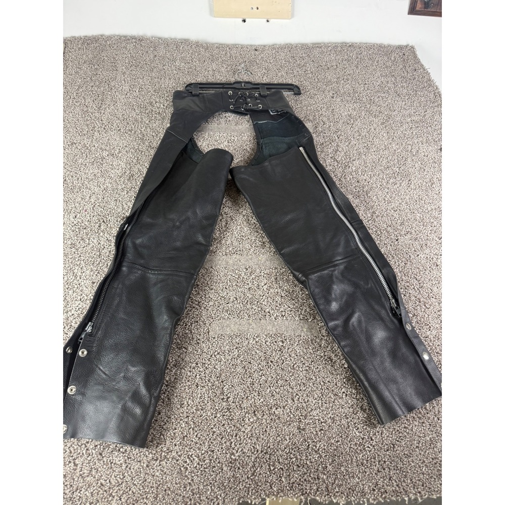 River Road Black Leather Motorcycle Chaps Lace Up Back Biker Riding Gear Womens